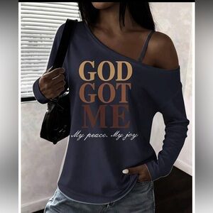 Off-Shoulder Navy Graphic Top - "God Got Me"